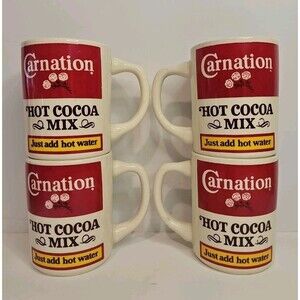 Vintage Set Of 4 Carnation Hot Coco Mix Advertising Ceramic Coffee Mug Milk